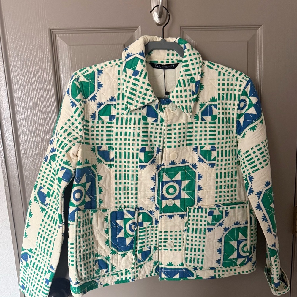 ZARA Geometric Patterned Jacket in Green and Blue